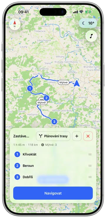 Plánování jízdy s několika zastávkami v telefonu