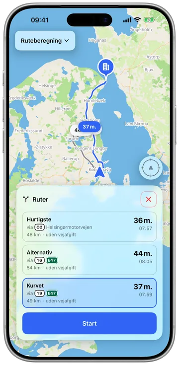 En kurvet rute tegnet gennem svingene i stedet for motorvejen