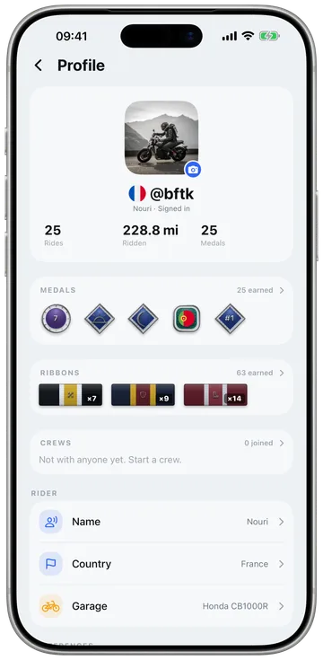 A rider's profile with medals, ribbons, crews and garage