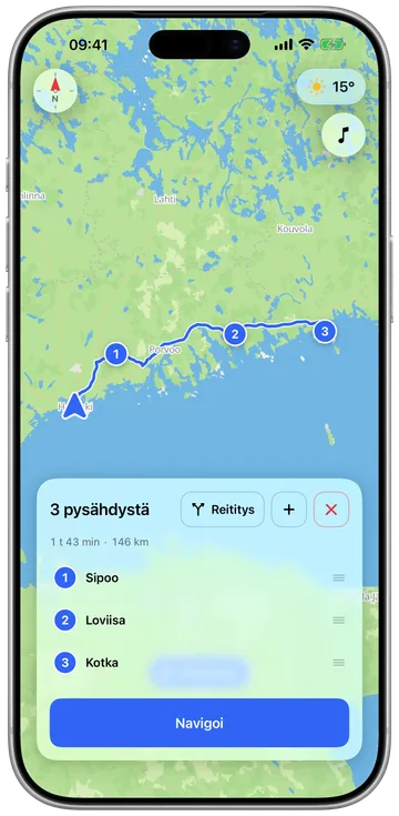 Usean pysähdyksen ajon suunnittelu puhelimessa