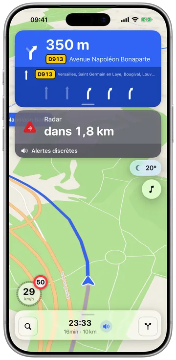 WAIVR en navigation à moto : le prochain virage, les voies, la vitesse et la limite de la route sur une carte