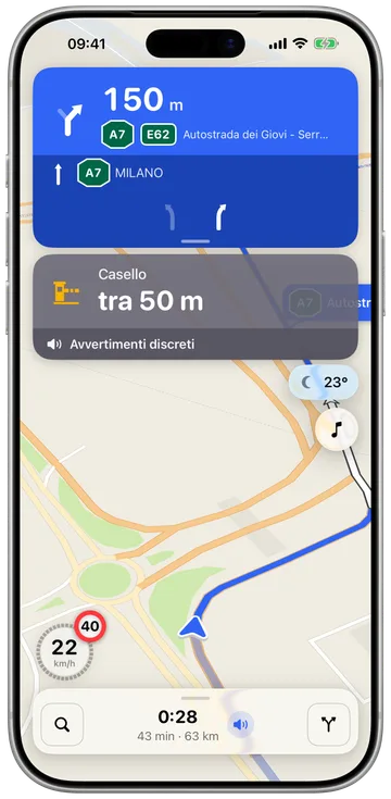 WAIVR che naviga in moto: la prossima svolta, le corsie, velocità e limite della strada su una mappa