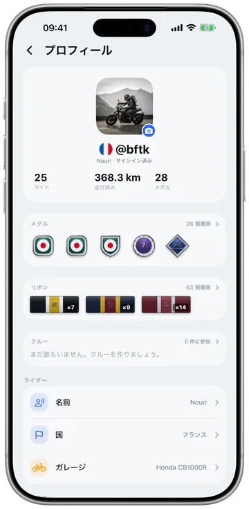 メダル、リボン、クルー、ガレージが並ぶライダーのプロフィール