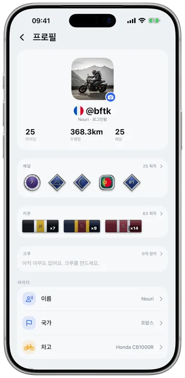 메달, 리본, 크루, 차고가 있는 라이더의 프로필