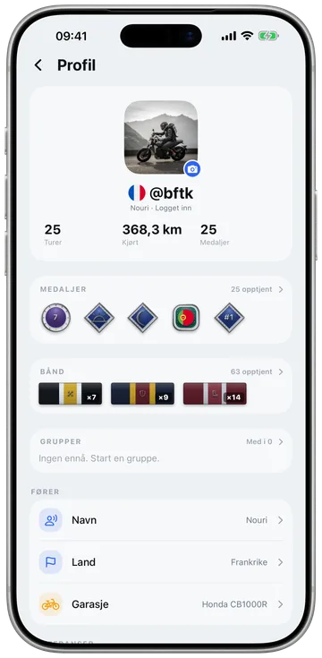 En førers profil med medaljer, bånd, grupper og garasje
