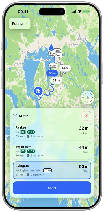 En svingete rute tegnet gjennom svingene i stedet for motorveien