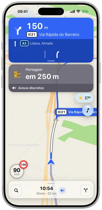 WAIVR a navegar de mota: a próxima curva, as faixas, a velocidade e o limite da estrada num mapa