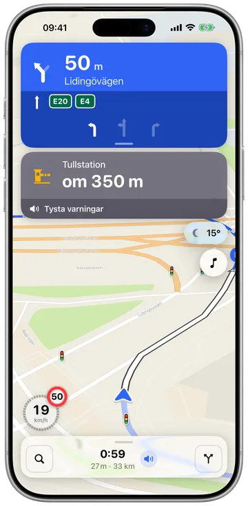 WAIVR navigerar på en motorcykel: nästa sväng, körfälten, hastighet och vägens gräns på en karta