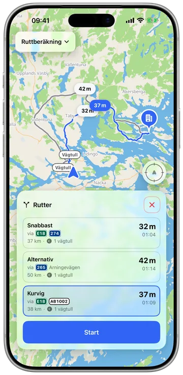 En kurvig rutt dragen genom kurvorna i stället för motorvägen