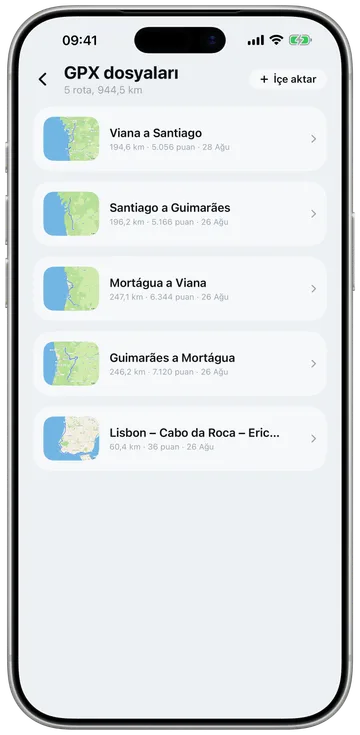 İçe aktarılmış ve sürüşe hazır bir GPX dosyası